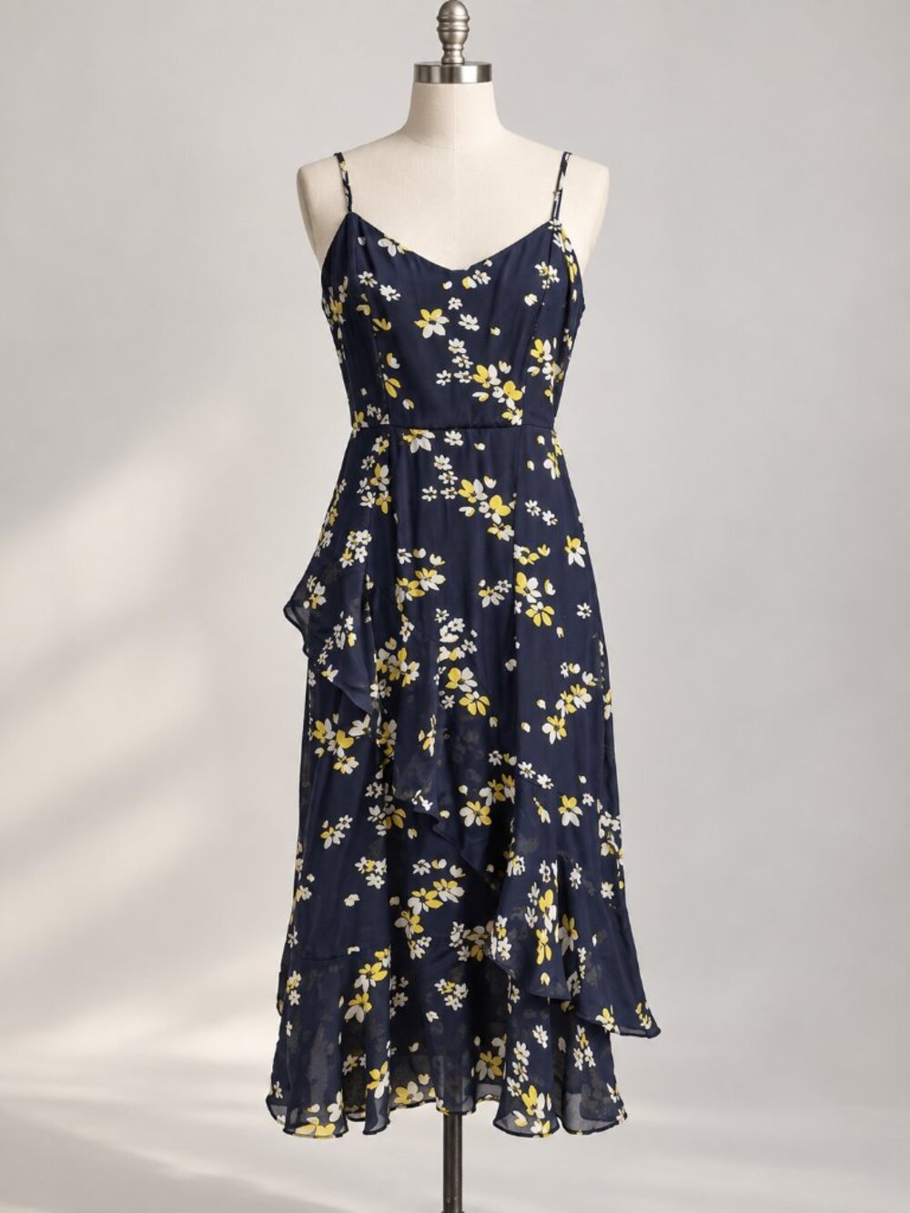 Whistles Women's US 8 Navy Floral Viscose Ruffle Midi Dress Boho Resort Chic